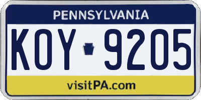 PA license plate KOY9205
