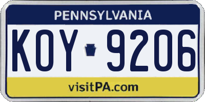 PA license plate KOY9206