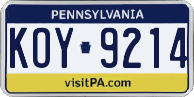 PA license plate KOY9214