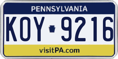 PA license plate KOY9216