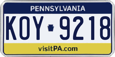 PA license plate KOY9218