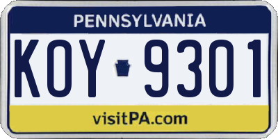 PA license plate KOY9301