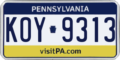 PA license plate KOY9313