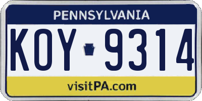 PA license plate KOY9314