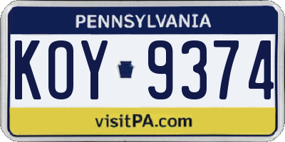 PA license plate KOY9374