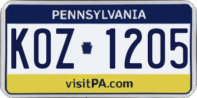 PA license plate KOZ1205