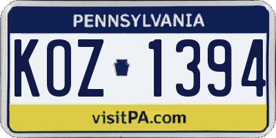 PA license plate KOZ1394