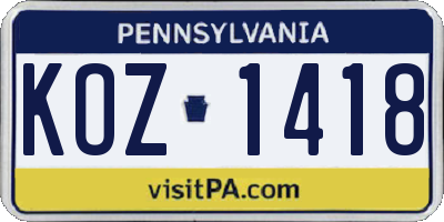 PA license plate KOZ1418