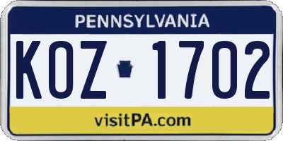 PA license plate KOZ1702
