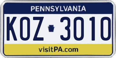 PA license plate KOZ3010