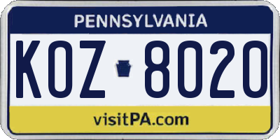 PA license plate KOZ8020