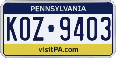PA license plate KOZ9403