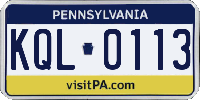 PA license plate KQL0113