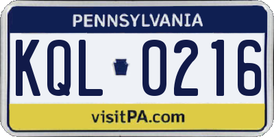 PA license plate KQL0216