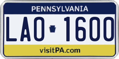 PA license plate LAO1600