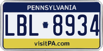 PA license plate LBL8934