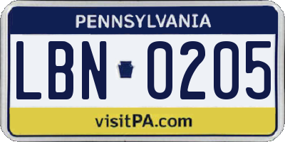 PA license plate LBN0205