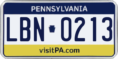 PA license plate LBN0213