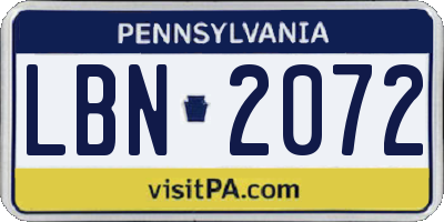PA license plate LBN2072