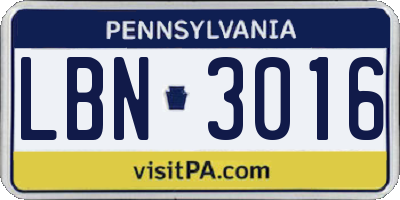 PA license plate LBN3016
