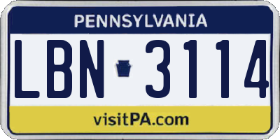 PA license plate LBN3114