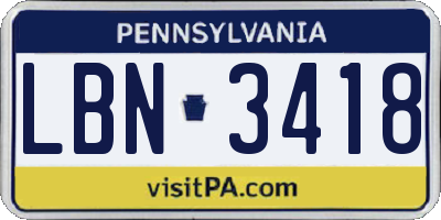 PA license plate LBN3418