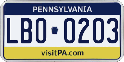 PA license plate LBO0203