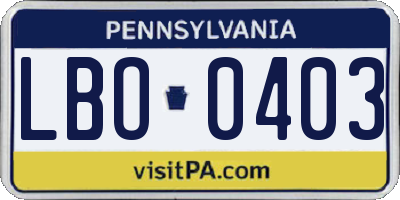 PA license plate LBO0403