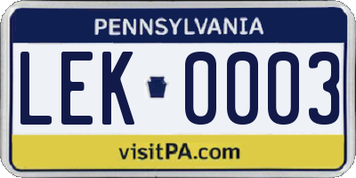 PA license plate LEK0003