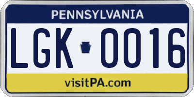 PA license plate LGK0016