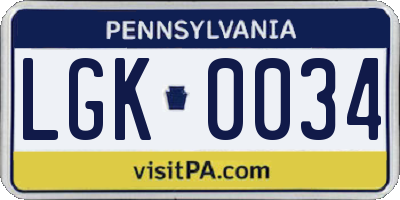 PA license plate LGK0034