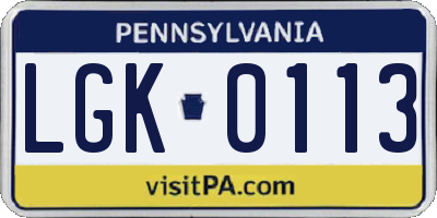 PA license plate LGK0113