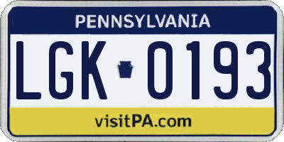 PA license plate LGK0193