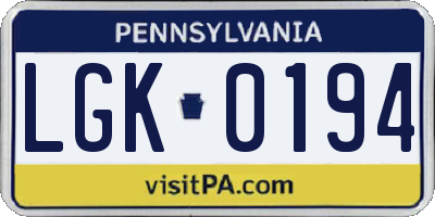 PA license plate LGK0194