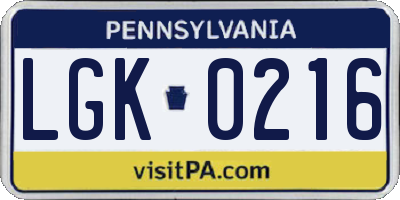 PA license plate LGK0216