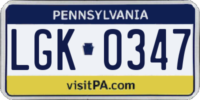 PA license plate LGK0347