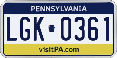 PA license plate LGK0361
