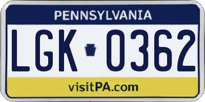 PA license plate LGK0362