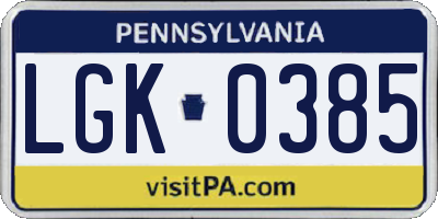 PA license plate LGK0385