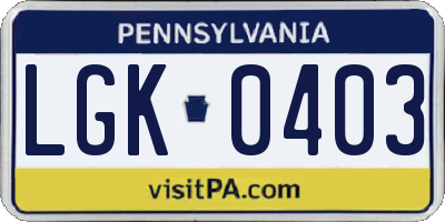 PA license plate LGK0403