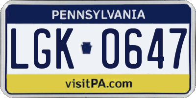 PA license plate LGK0647