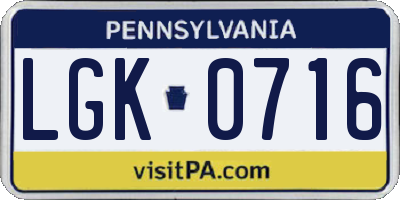PA license plate LGK0716