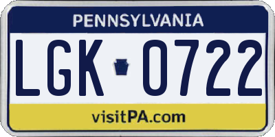 PA license plate LGK0722
