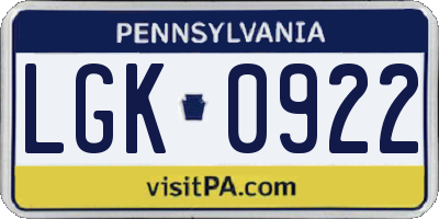 PA license plate LGK0922