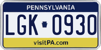 PA license plate LGK0930