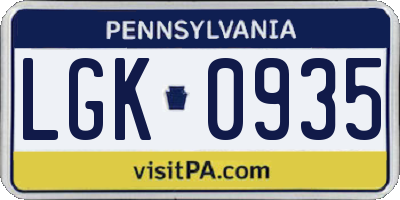 PA license plate LGK0935