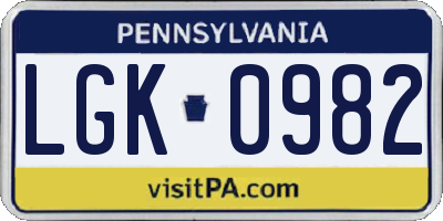 PA license plate LGK0982
