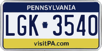 PA license plate LGK3540