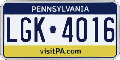 PA license plate LGK4016