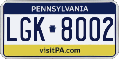 PA license plate LGK8002